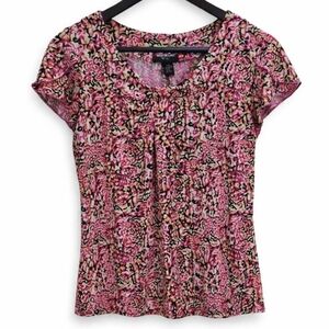 Alfani Pink Black Yellow Abstract Geometric Floral Ruffle Sleeve Blouse Sz PM